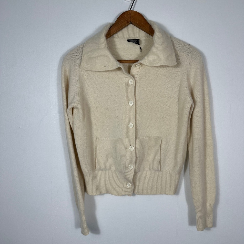 VTG Kickers Cardigan Sweater Womens L Cream Lambswool Angora Knit Collared